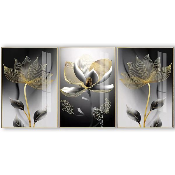 120x60cm Quadro Decorativo 3 Peças Plantas Luxo Moderna Dourada