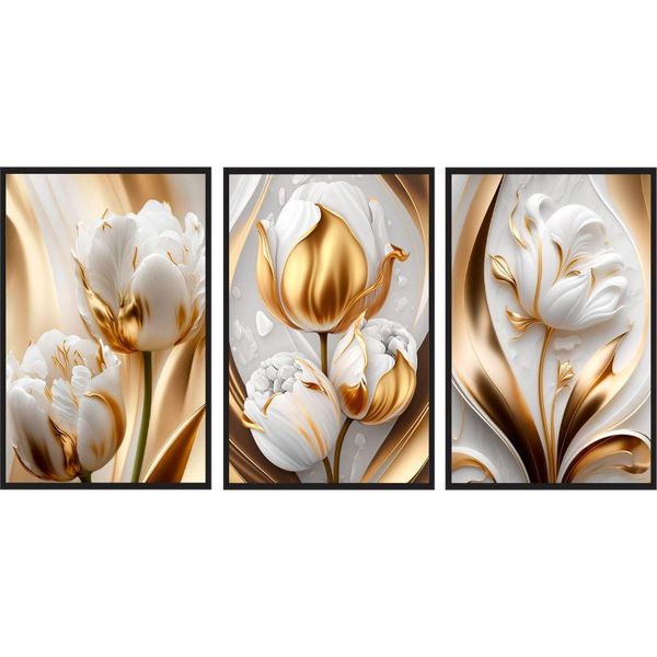 30x50cm Quadro decorativo para salas e quartos tulipas brancas e douradas luxo gold 3 peças n010