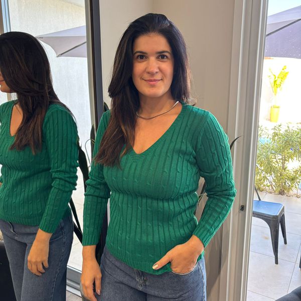 Blusa Feminina Tricô Trancinha Gola V - Verde