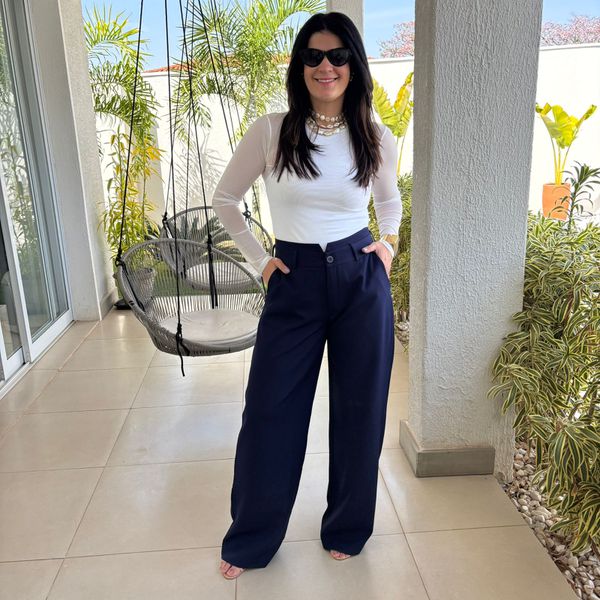 Calça Feminina Alfaiataria Detalhe Cós - Marinho