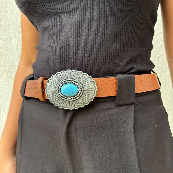 Cinto Feminino - Marrom com Pedra Turquesa