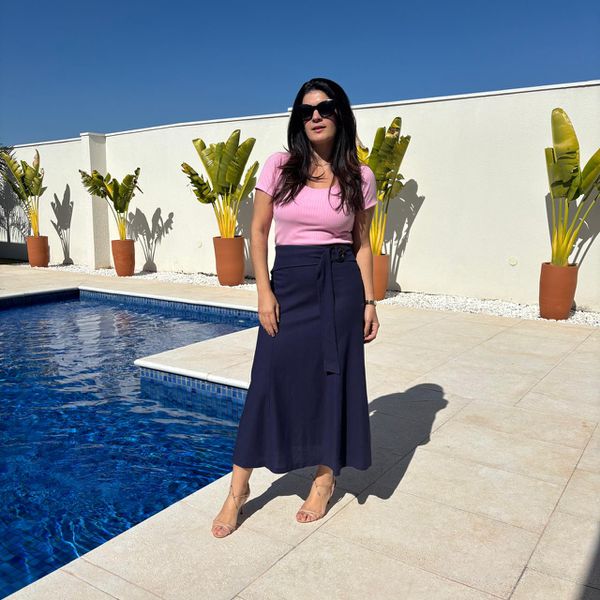 Saia Feminina Midi Linho Cinto - Marinho