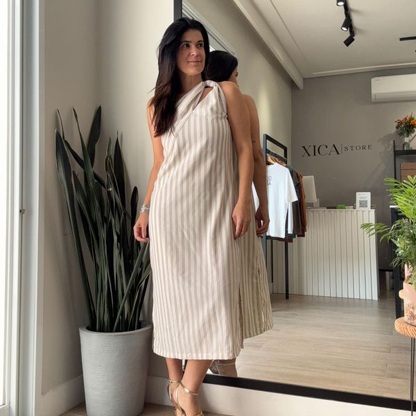 Vestido Feminino Linho Listras - Bege