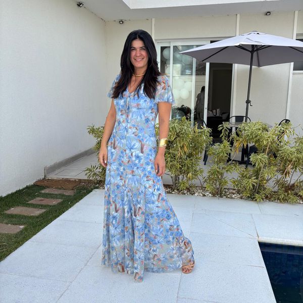 Vestido Feminino Manga Curta Floral - Azul