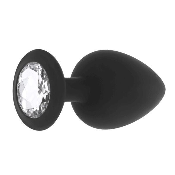 PLUG ANAL DE SILICONE PRETO G PEDRA TRANSPARENTE