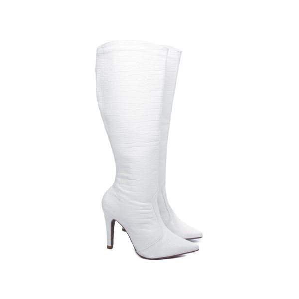 Bota Bico Fino Feminina Napa Croco Branco