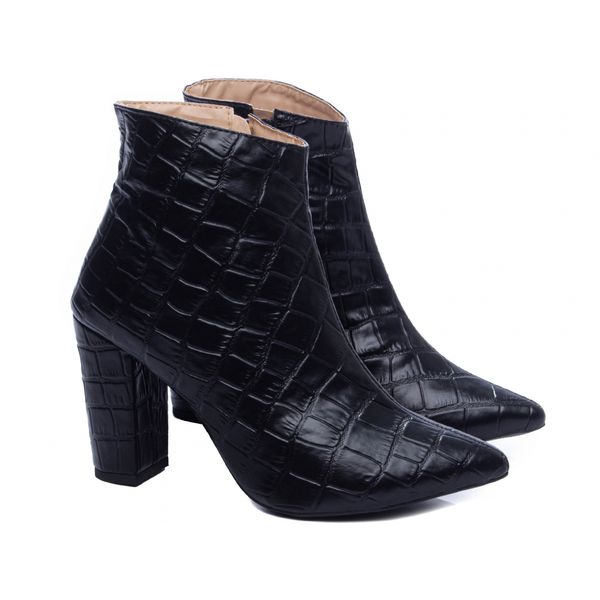 Bota Bico Fino Feminina Napa Croco Preto