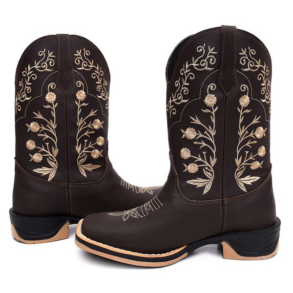 Bota Feminina Country Bordada Natasha Flores Solado Ecco Borracha