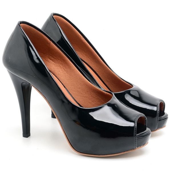 PEEP TOE ELLA'S MEIA PATA SALTO ALTO VERNIZ PRETO