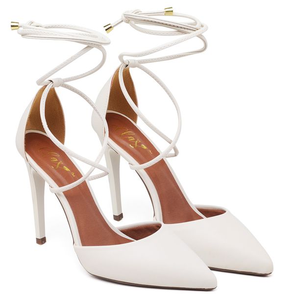 SCARPIN SALTO ALTO BICO FOLHA COM TIRAS NAPA OFF WHITE