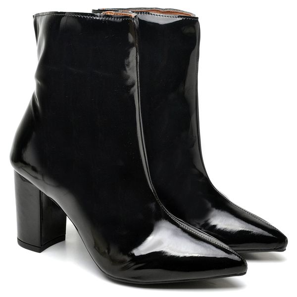 BOTA CANO CURTO SALTO GROSSO MÉDIO VERNIZ PRETO