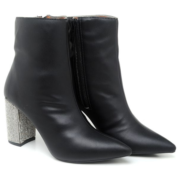 BOTA CANO CURTO SALTO MÉDIO COM STRASS NAPA PRETO