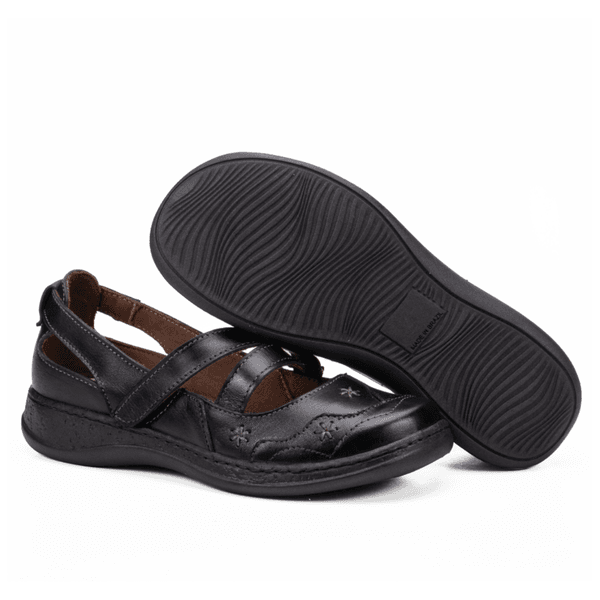 Sapatilha Confort em Couro Com Velcro Preta 4008