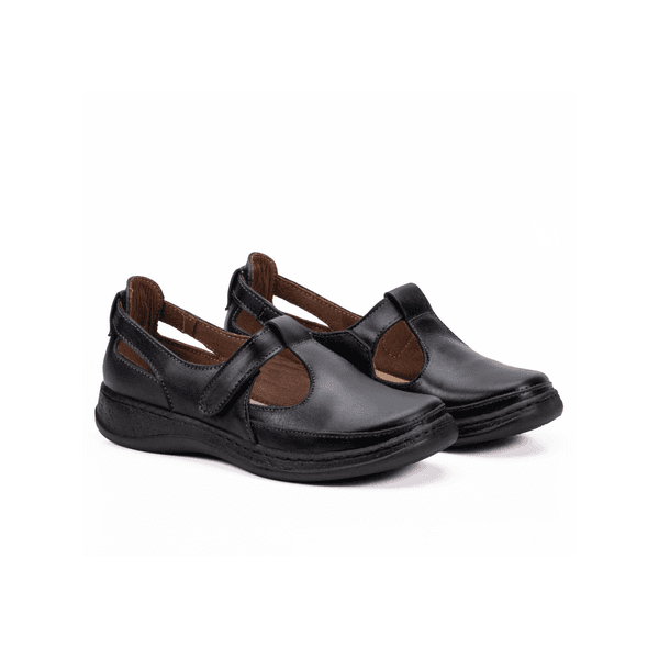 Sapatilha Confort em Couro Com Velcro Preta 4009