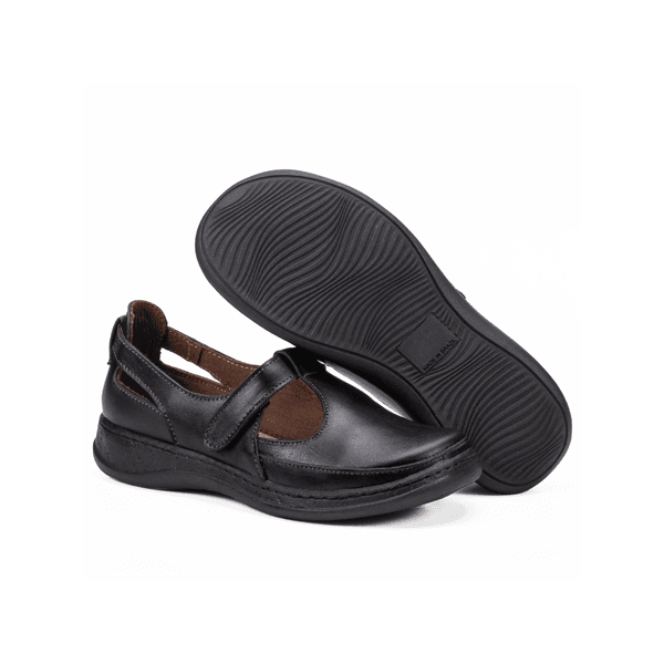 Sapatilha Confort em Couro Com Velcro Preta 4009