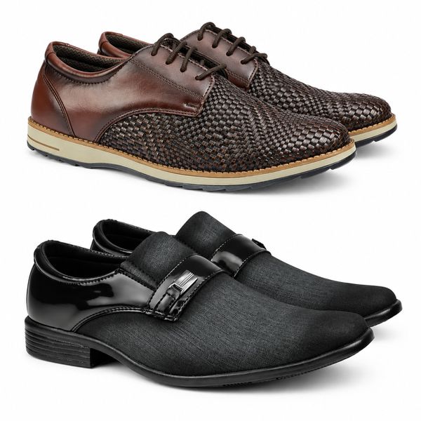 Kit 2 pares em Couro + Sapato Material Tecnológico Preto