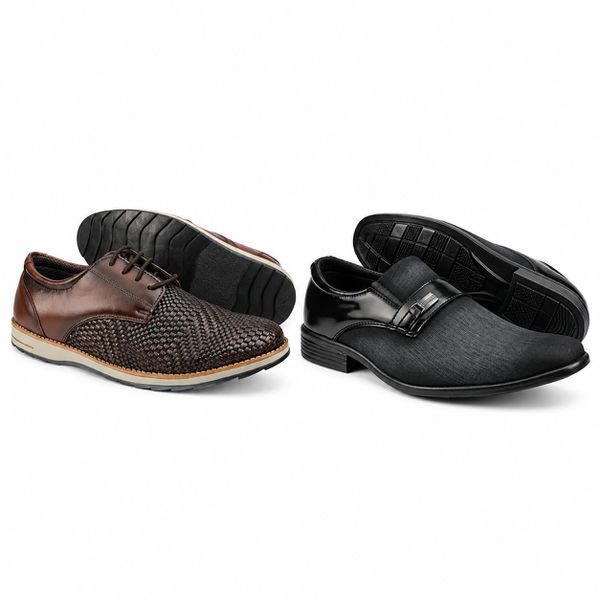 Kit 2 pares em Couro + Sapato Material Tecnológico Preto