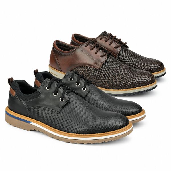 Kit 2 pares em Couro + Sapato Casual Material Tecnológico Preto