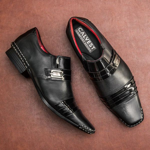 Sapato Social Masculino Calvest em Couro Verniz Preto com Costura Manual - 1750B475A