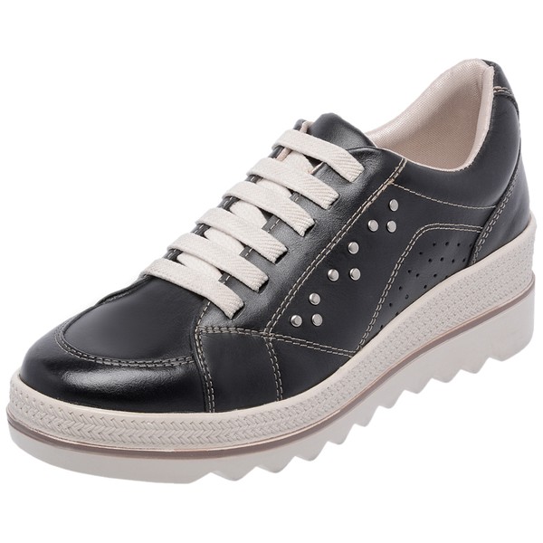 Tenis Casual Feminino Em Couro Legitimo Detalhe Em Metal E Sola
