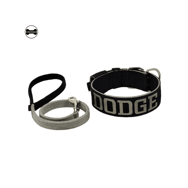 Coleira Para Cachorro Personalizada + Guia (preto e cinza) 