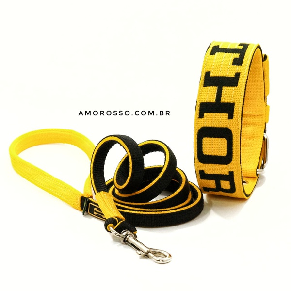 Coleira Para Cachorro Personalizada + Super Guia 1,50m - Amarelo e Preto