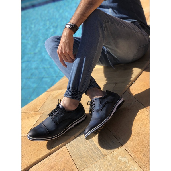 Sapato Derby Masculino Couro Legítimo Jeans Azul Forro de Couro Badplay |  BADPLAY