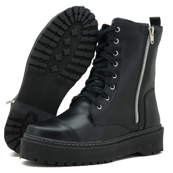 Bota Coturno Feminino Plataforma Alta em Couro Preto com Ziper | BALLUGA
