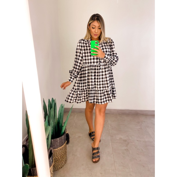 Vestido xadrez com manga bufante clearance