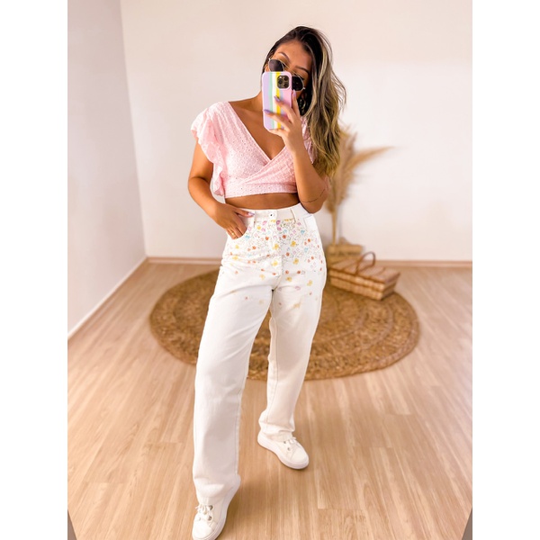 Calça Wide Leg Floral Branca | CAROLLA FERRARO