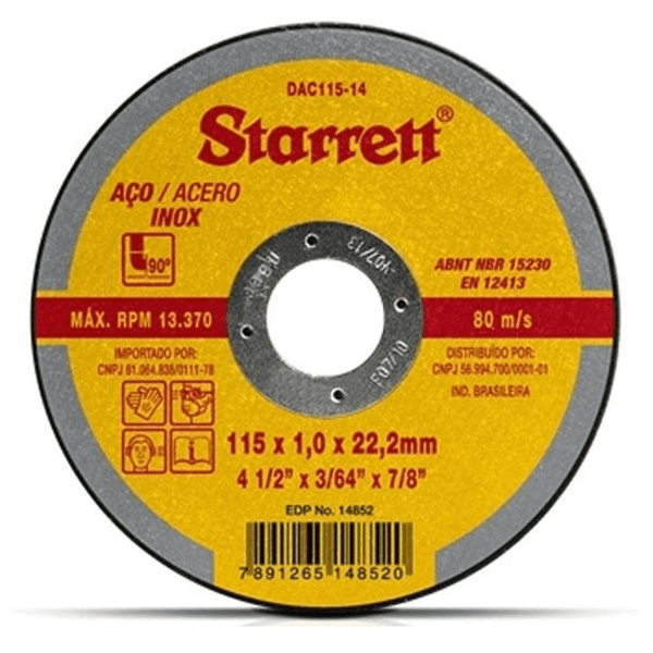 Disco De Corte Abrasivo 115mm x 1,0mm x 22,2mm - Starrett