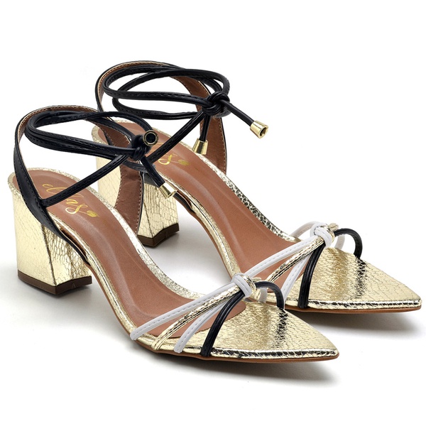 Sandália Salto Médio Napa Bico Folha Preto/Branco/Ouro Light | Ellas Online  | Calçados Femininos