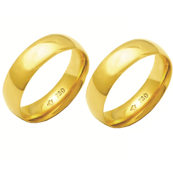 Alianças de casamento e noivado em ouro 18k 750 abaulada e anatômica 6 mm