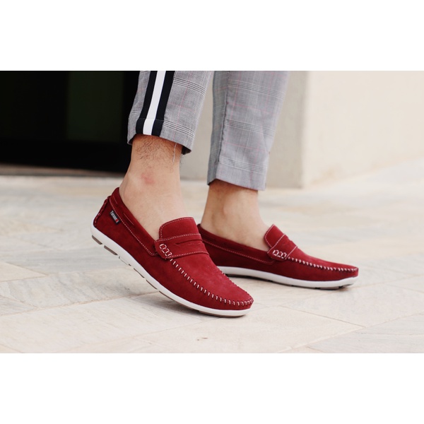 Mocassim Drive Masculino em Couro Nobuck Bordô - ENURI - Calçados Masculinos