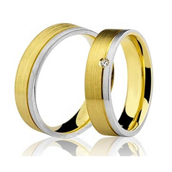 Par De Aliança Casamento De Ouro Branco e Amarelo 18k Com 5mm e Diamante De 1 Ponto