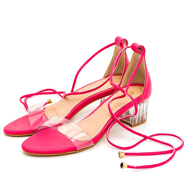Sandalia Salto Baixo e Transparencia De Amarrar Pink | Flor da Pele