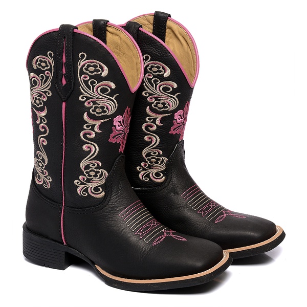 bota texana franca boots feminina bico quadrado - FLORAL PRETA fb2268 
