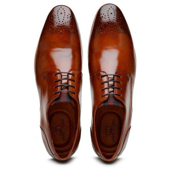 Sapato Social Masculino Derby Brogue Caramelo | Grife Couro