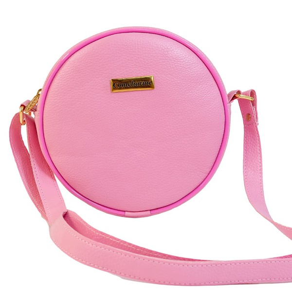 Bolsa Redonda Feminina Lisa Couro Eco Mini Bag Transversal Rosa