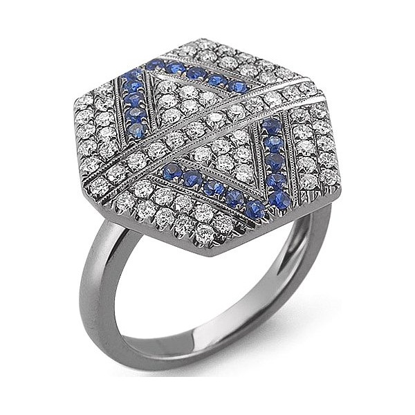 Anel Hexagon Cravejado c/ Diamantes e Safira Azul 