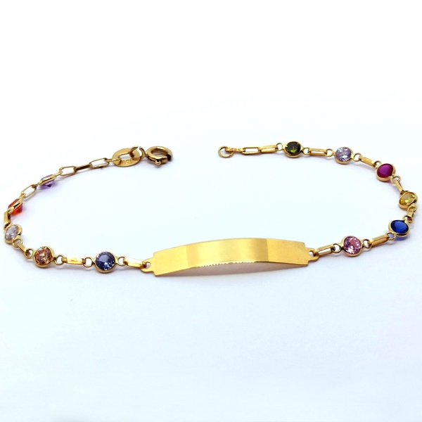 Pulseira Em Ouro 18k 750 Infantil Plaquinha Com Pedras Coloridas Helder Joalheiros