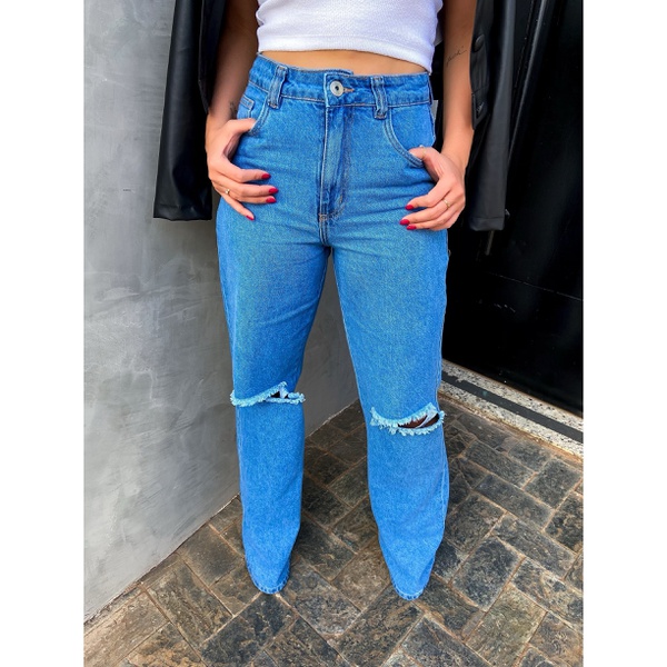Calca Jeans Wide Leg Rasgos Joelho Md Lelle Co