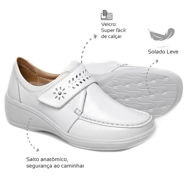 Sapato Feminino Confortável com Velcro Branco Levecomfort 
