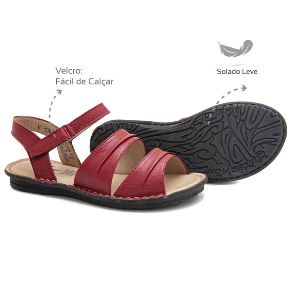 Sandália com Velcro couro Vermelho Levecomfort 