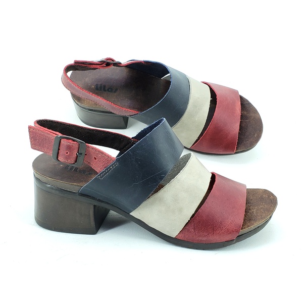 SANDÁLIA EM COURO VERMELHO/ MARINHO/ OFF WHITE - SALTO GROSSO 5CM -  COD.50029 | LILASCALCADOS