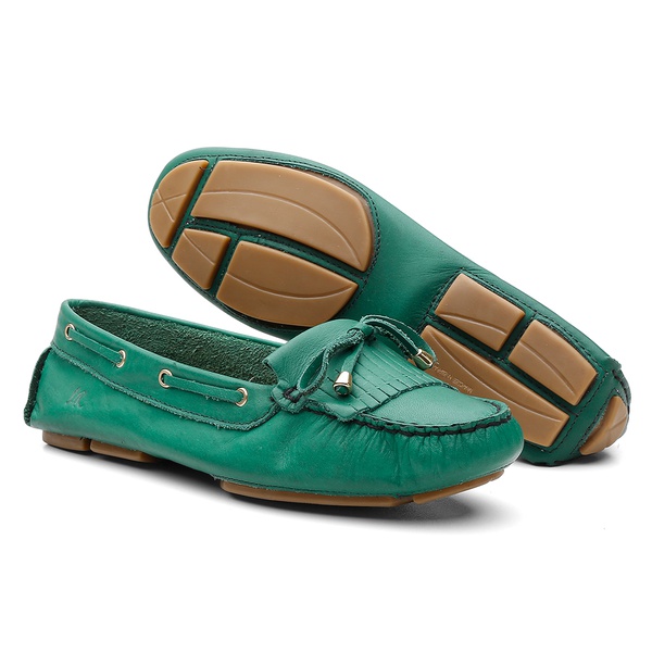 Sapato Mocassim Feminino em Couro Verde com Franja | HAMITIE