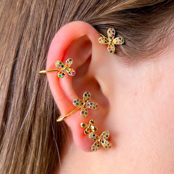 Brinco Ear Cuff De Flores Cravejadas Coloridas