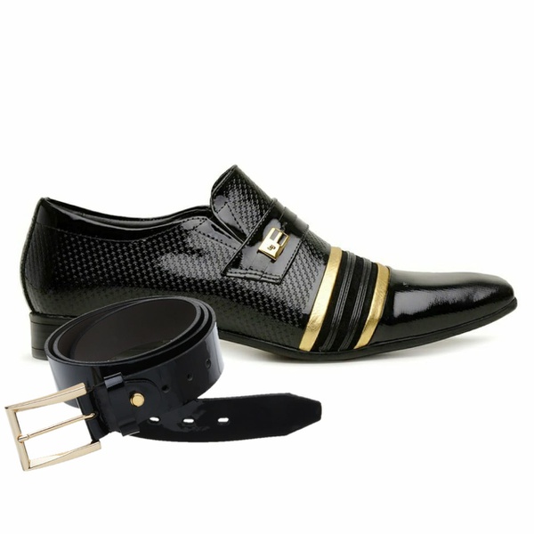 Sapato Social Jota Pe Verniz Preto/Ouro Velho + Cinto de Verniz | MADOK