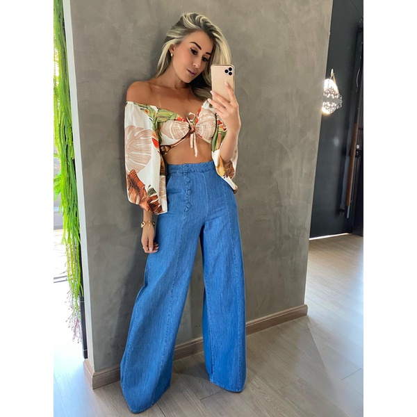 calça jeans cintura alta pantalona