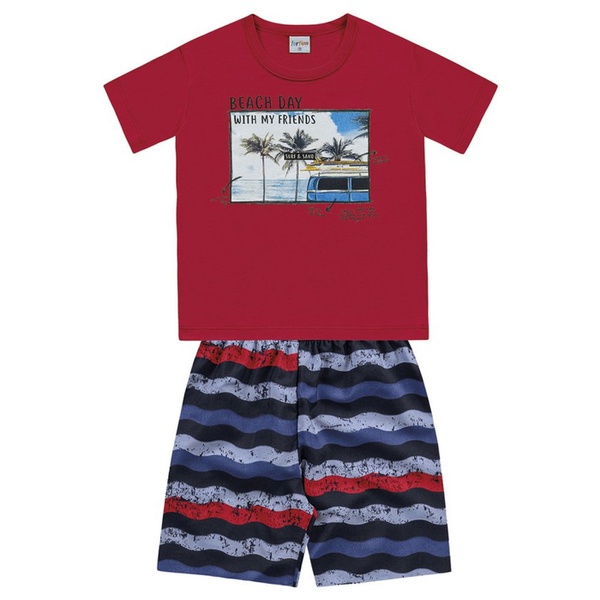 Conjunto Infantil de Menino Camiseta Vermelha + Bermuda Beach Day 